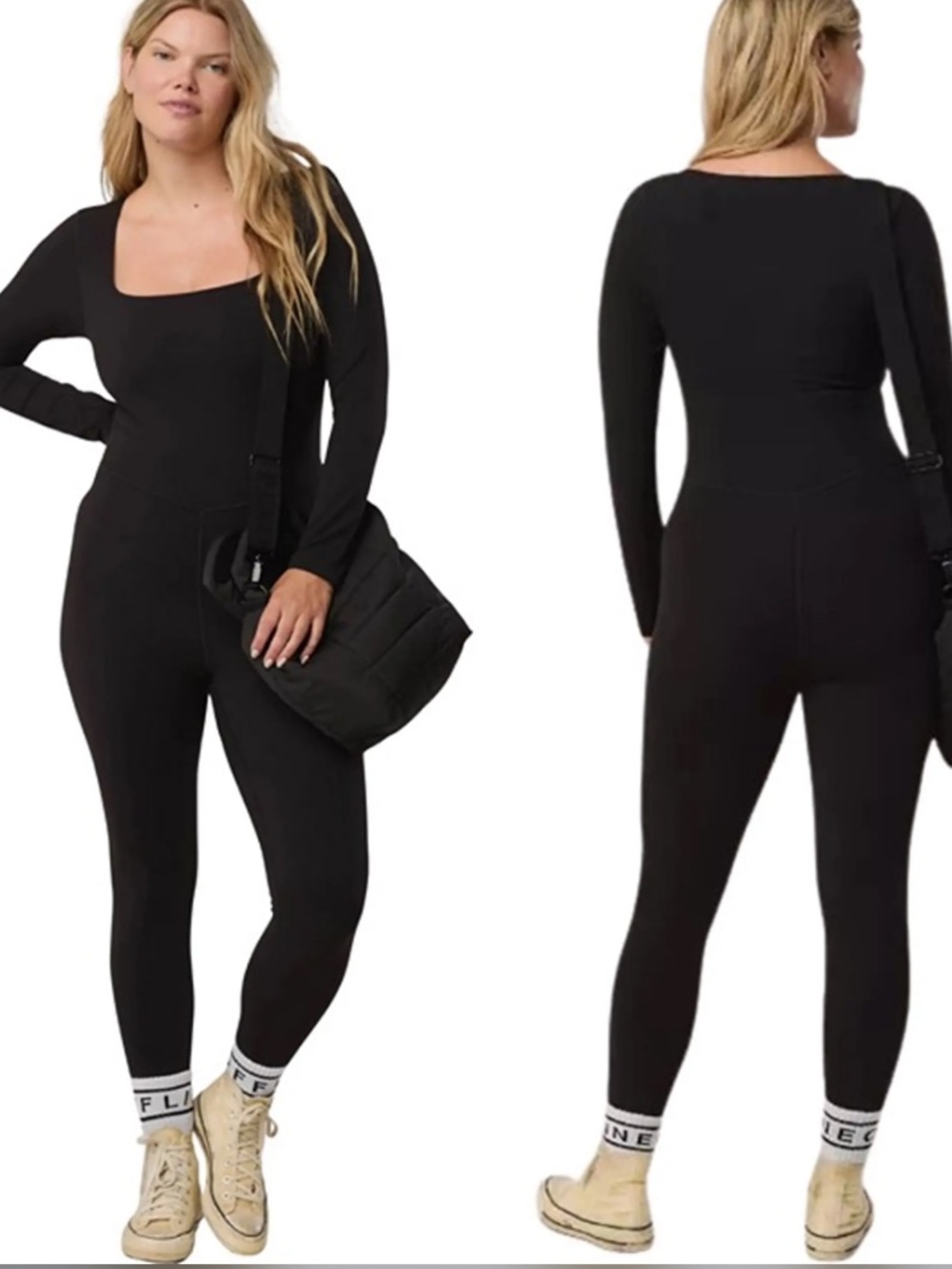 NWT Aerie Black Long-Sleeve Square Neck Jumpsuit, Size Large